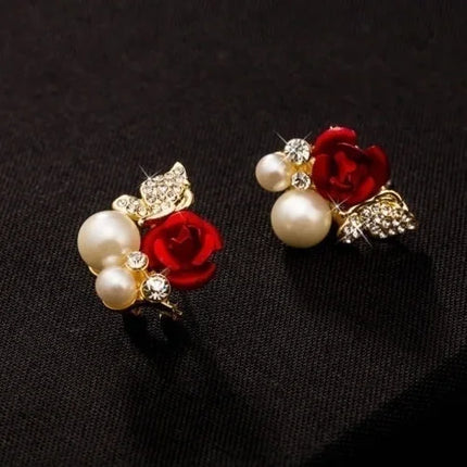 Graceful Butterfly Red Rose Pearl Crystal Bridal Earrings for Women