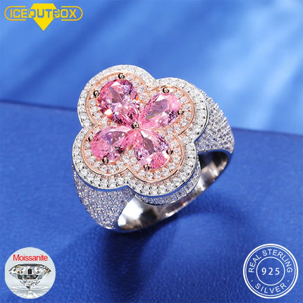 925 Sterling Silver Lucky Clover Cross Ring With Pink Blue Water Drop Stone Iced Out Couple Rings for Women Men Hip Hop Gifts