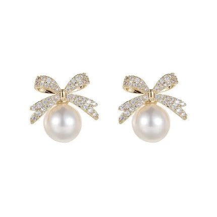 Elegant White Pearl Bow Drop Earrings - Women's Rhinestone Jewelry