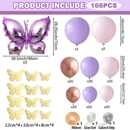 166Pc Butterfly Balloon Set Garland Arch Purple Butterfly Girl Birthday Party Supplies Macar Pink Baby Shower Wedding Decoration