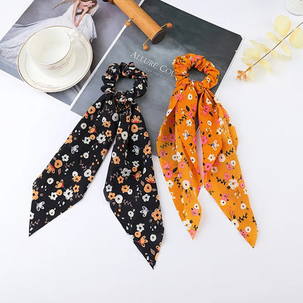 2023 Fashion Print Chiffon Long Ribbon Scrunchies Women Girls Ponytail Scarf Elastic Hair Bands Ties Hair Accessories Wholesale