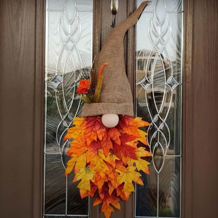 Autumn Wreath Gnome Hat Maple Leaf Wreath Christmas Decoration Front Door Hanging Ornament Window Restaurant Home Decor