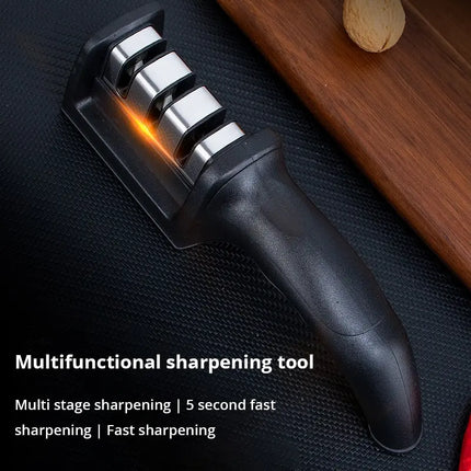 1Pc Black Kitchen Three Segment Knife Sharpener Household Multi Functional Hand Held Three Purpose Sharpening Stone Kitchen Tool