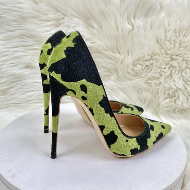 2020 New Women's Shoes Camouflage Horse Hair Celebrity High Heels 12CM Thin Heels Pointed Shallow Mouth Single Shoes Banquet Sho