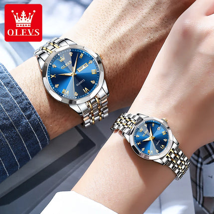 OLEVS Couple Watches Set for His Hers Quartz Wristwatch Men Women Solid Stainless Steel Strap Rhombus Design Lover's Watch Gifts