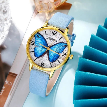 New Blue Butterfly Watch Set for Women Fashion Casual Quartz Wristwatch Ladies Elegant Leather Band Bracelet Watches Gifts