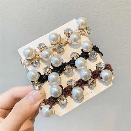 Fashion Pearl Crystal Black Hair Ties For Women Girls Summer No Slipping Elastic Beaded Ponytail Holders Hair Ropes Scrunchies