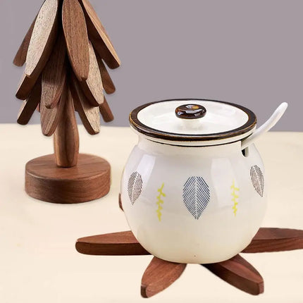 Wooden Trivets for Hot Dishes Folding Tree Shape Black Walnut Table Mat Holders Heat Insulated Pad Set Coasters for Pots