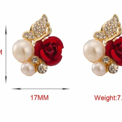 Graceful Butterfly Red Rose Pearl Crystal Bridal Earrings for Women