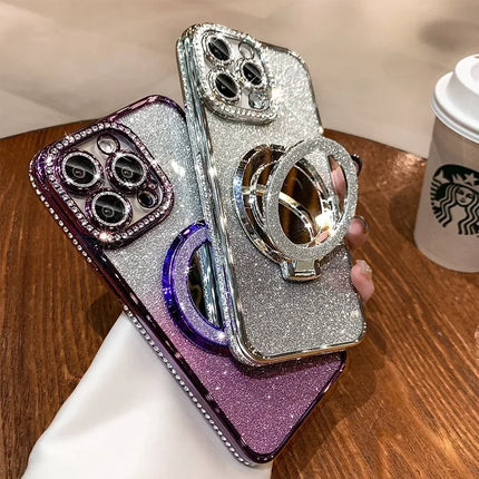 Luxury Diamond Clear Glitter Magsafe Case For iPhone 15 14 13 12 11 Pro Max 15Plus Mirror Magnetic Phone Holder Stand Soft Cover