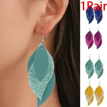 Litchi Layered Leather Drop Earrings with Sequin Detail