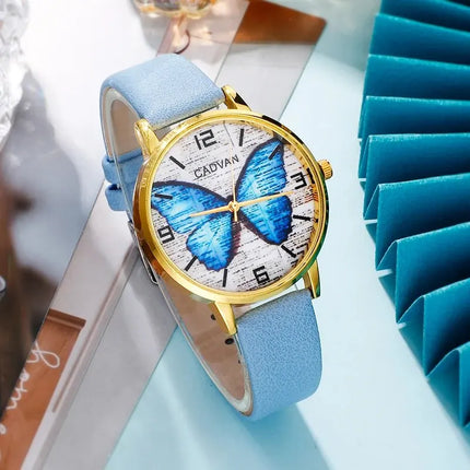 New Blue Butterfly Watch Set for Women Fashion Casual Quartz Wristwatch Ladies Elegant Leather Band Bracelet Watches Gifts