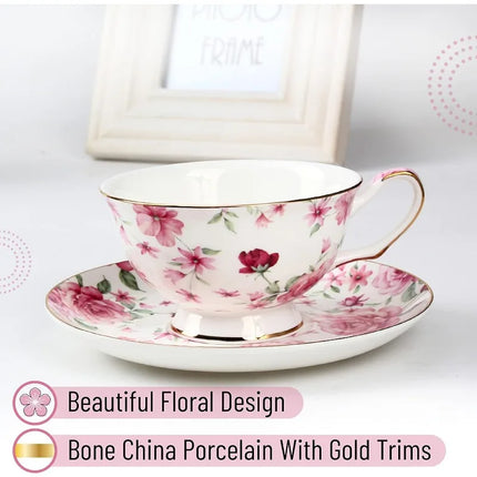 Tea Cups and Saucers Set of 6, Tea Set, Floral Tea Cups (8oz), Cups and Saucers Set,  Porcelain