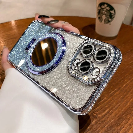 Luxury Diamond Clear Glitter Magsafe Case For iPhone 15 14 13 12 11 Pro Max 15Plus Mirror Magnetic Phone Holder Stand Soft Cover