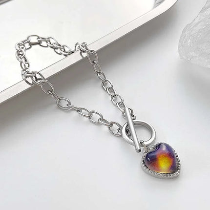 Mood Bracelet Peach Heart Love Pendant Bracelets Temperature Control Color Change Necklace Stainless Steel Chain Jewellery Women