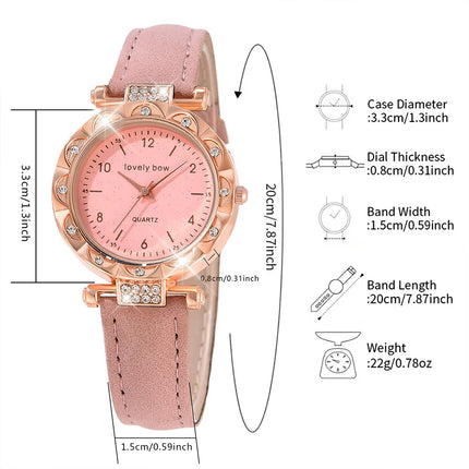 5PCS/Set  Pink Romantic Heart Quartz Watch Shiny Rhinestone Analog PU Leather Wrist Watch & Jewelry Set, Gift For Women Her