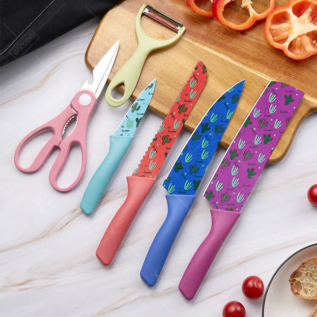 Professional Kitchen Knives Set Chef Knives Scissors Vegetables Fruit Peeler Bread Knife Colourful Cooking Tool with Box