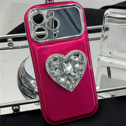 Korean Plating Large Window Phone Case For iPhone 13 15 Pro Max 14 Pro 12 11 Diamond Heart Mirror Holder Cover