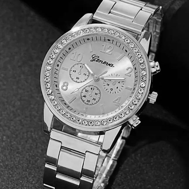 6 Pieces of Fashionable and Versatile Diamond Inlaid Rhinestone WOMEN'S Quartz Steel Band Watch+necklace+earrings+ring+bracelet