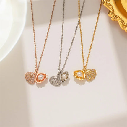 Summer Fashion Crystal Zircon Shell Imitation Pearl Pendant Necklace For Women  Collar Beach Neck Jewelry