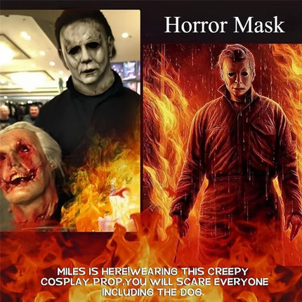 Halloween Michael Myers Mask Scary Killer Full Head Mask Creepy Fire Burn Scar Latex Face Mask Cosplay Costume Party Props Knife