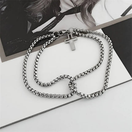 Double Chain Hollow Cross Pendant Stainless Steel Lobster Claw Claw Bracelet Fashion Hip Hop Punk Party Men's Jewelry Gift