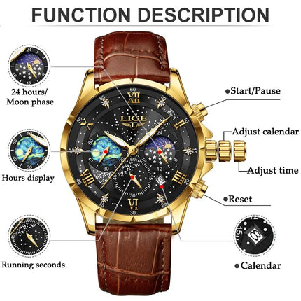 LIGE 2024 Top Luxury Brand Men Genuine Leather Sports Watches Men's Army Military Watch Male Date Quartz Clock Relogio Masculino