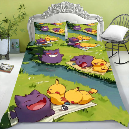 Electric Mouse Cartoon Pikachu Duvet Cover Home Blue Printed Pillowcase Set Adult Bedroom Children Comforter Bedding