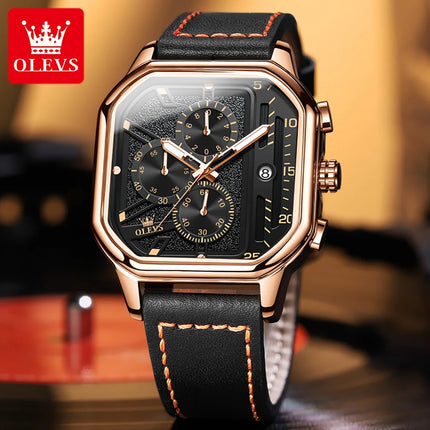 OLEVS New Quartz Watch for Men Chronograph Clock Waterproof Luminous Leather Strap Men's Wristwatch 42mm Dial Man Dress Watches