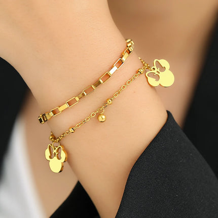 Stainless Steel Bracelets Cute Cartoon Anime Bow Mouse Pendant Bells Beads Layer Chain Bracelet For Women Jewelry Party Gifts