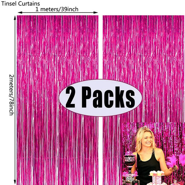 2Pack Rose Pink Metallic Foil Tinsel Fringe Curtain Backdrop Birthday Wedding Bachelorette Party Decoration Adult Anniversary