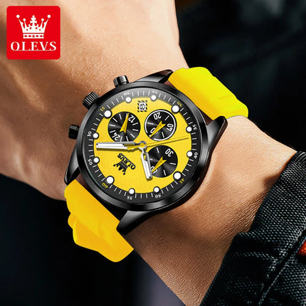 OLEVS Original Men's Watches Multifunctional Chronograph Fashion Trend Yellow Rubber Strap Luminous Waterproof Quartz Watch Men