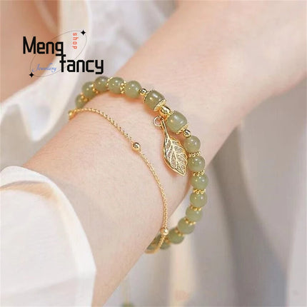 Natural Hetian Jasper Golden Branch Jade Leaves Bracelet Exquisite Sexy Young Girls Fashion Jewelry Best Selling Holiday Gift