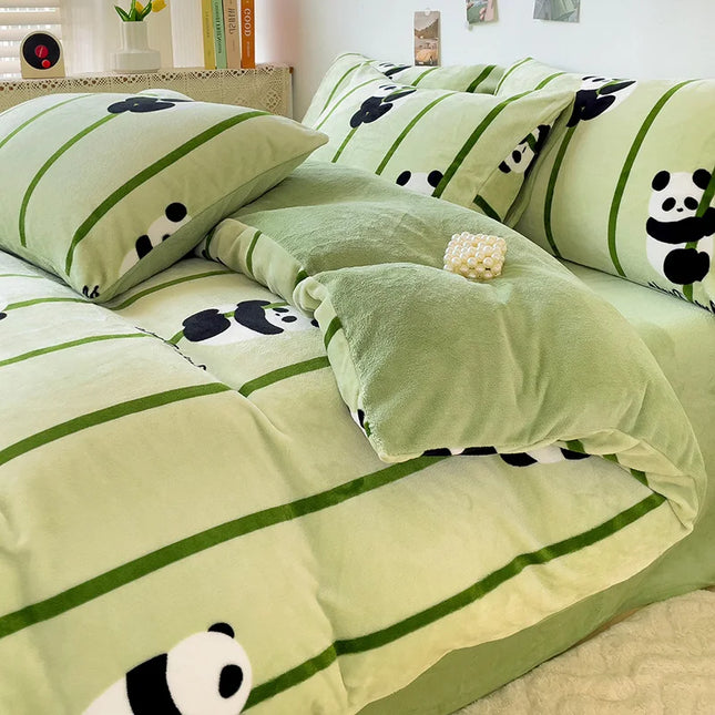 Cute Cartoon Panda 3pcs Duvet Cover Set Sage Green Thickened Milk Velvet Comforter Covers Boys Girls Bedding with Pillowcase