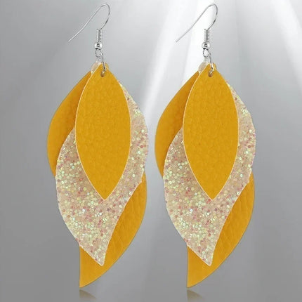 Litchi Layered Leather Drop Earrings with Sequin Detail