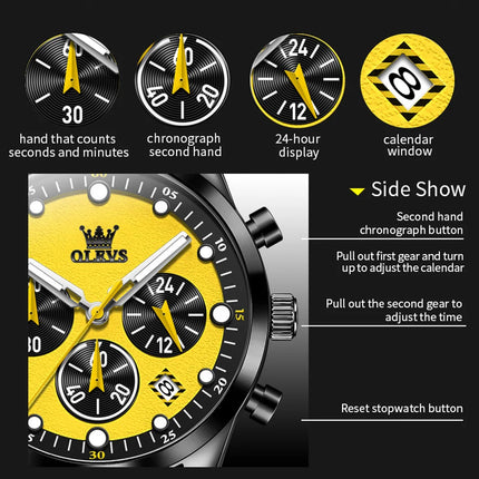 OLEVS Original Men's Watches Multifunctional Chronograph Fashion Trend Yellow Rubber Strap Luminous Waterproof Quartz Watch Men