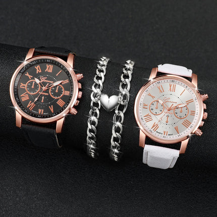 4Pcs/Couple set Fashion Women Leather Band Quartz Watch with Magnetic Love Bracelet