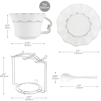 Tea Cups and Saucers Set of 6 (8.5 OZ), Luxury Tea Cup Set with Silver Trim, Relief Printing Coffee Cups with Metal Stand,White