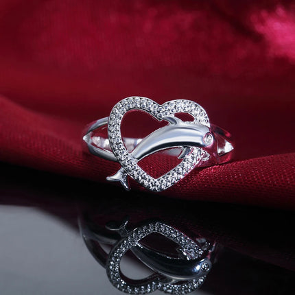 High quality 925 Sterling Silver fine Love dolphins heart Rings For Women Couple gifts Fashion Party wedding Jewelry