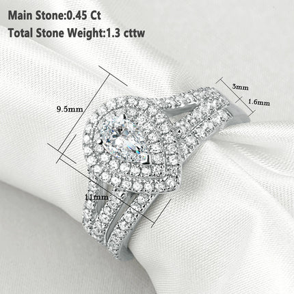 Newshe Wedding Ring Set Classic Jewelry 1.3 Carats Pear Cut AAAAA CZ 925 Sterling Silver Engagement Rings for Women 1R0004