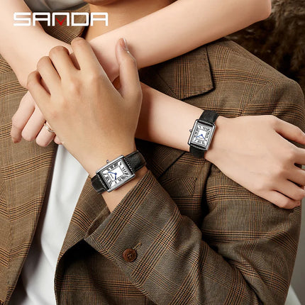 SANDA 1108 9031 Couple Quartz Watch Simple Fashion Small Square Silvery Clock Black Leather Strap Wristwatch for Men and Women