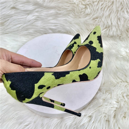 2020 New Women's Shoes Camouflage Horse Hair Celebrity High Heels 12CM Thin Heels Pointed Shallow Mouth Single Shoes Banquet Sho