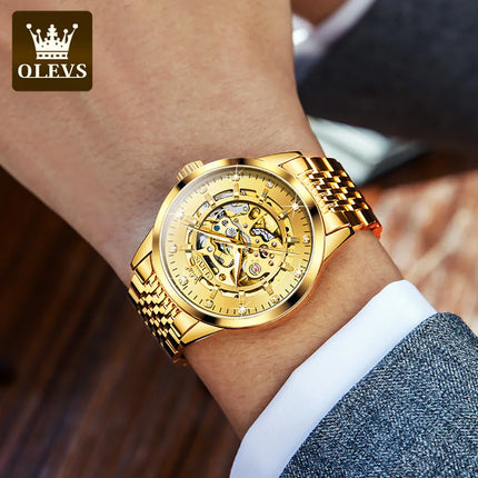 OLEVS Luxury Brand Gold Skeleton Automatic Mechanical Watch Fashion Business Stainless Steel Waterproof Luminescent Men's Watch