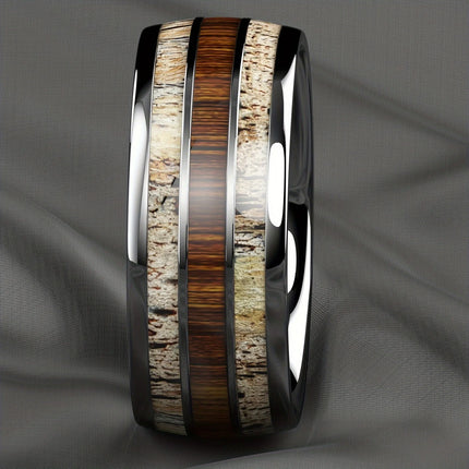 Fashion Silver Color Men's Stainless Steel Rings Koa Wood Deer Antler Inlay Dome Engagement Rings For Men Women Wedding Jewelry