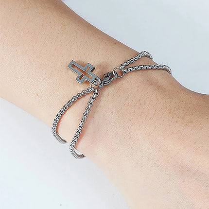 Double Chain Hollow Cross Pendant Stainless Steel Lobster Claw Claw Bracelet Fashion Hip Hop Punk Party Men's Jewelry Gift