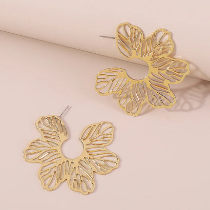 Creative Hollow Big Flower Leaf Metal Drop Earrings For Women New Exaggerated Temperament Gold Color Personality Jewelry