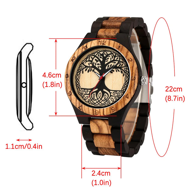 Classic Zebrawood Quartz Watch for Couple Unique Life Tree Pattern Display Round Dial Bracelet Wooden Band Men Women Wristwatch