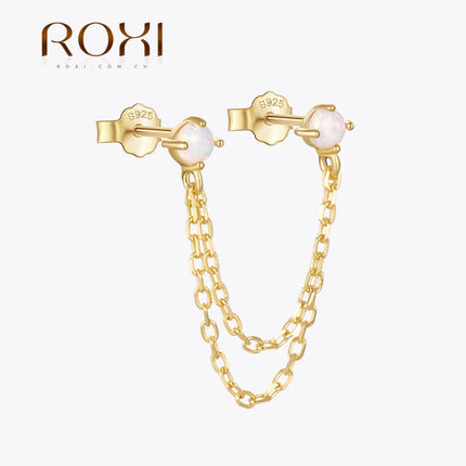 ROXI Double Tassel Chain Natural Turquoise Stud Earrings For Women 925 Sterling Silver 1PC Piercing Earrings Pendientes серьги