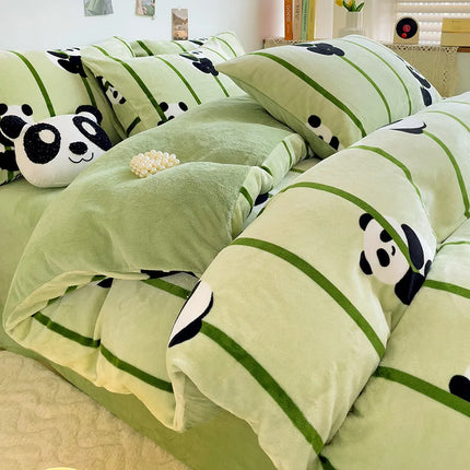 Cute Cartoon Panda 3pcs Duvet Cover Set Sage Green Thickened Milk Velvet Comforter Covers Boys Girls Bedding with Pillowcase