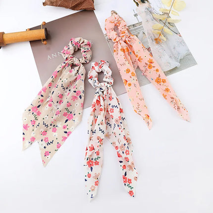 2023 Fashion Print Chiffon Long Ribbon Scrunchies Women Girls Ponytail Scarf Elastic Hair Bands Ties Hair Accessories Wholesale